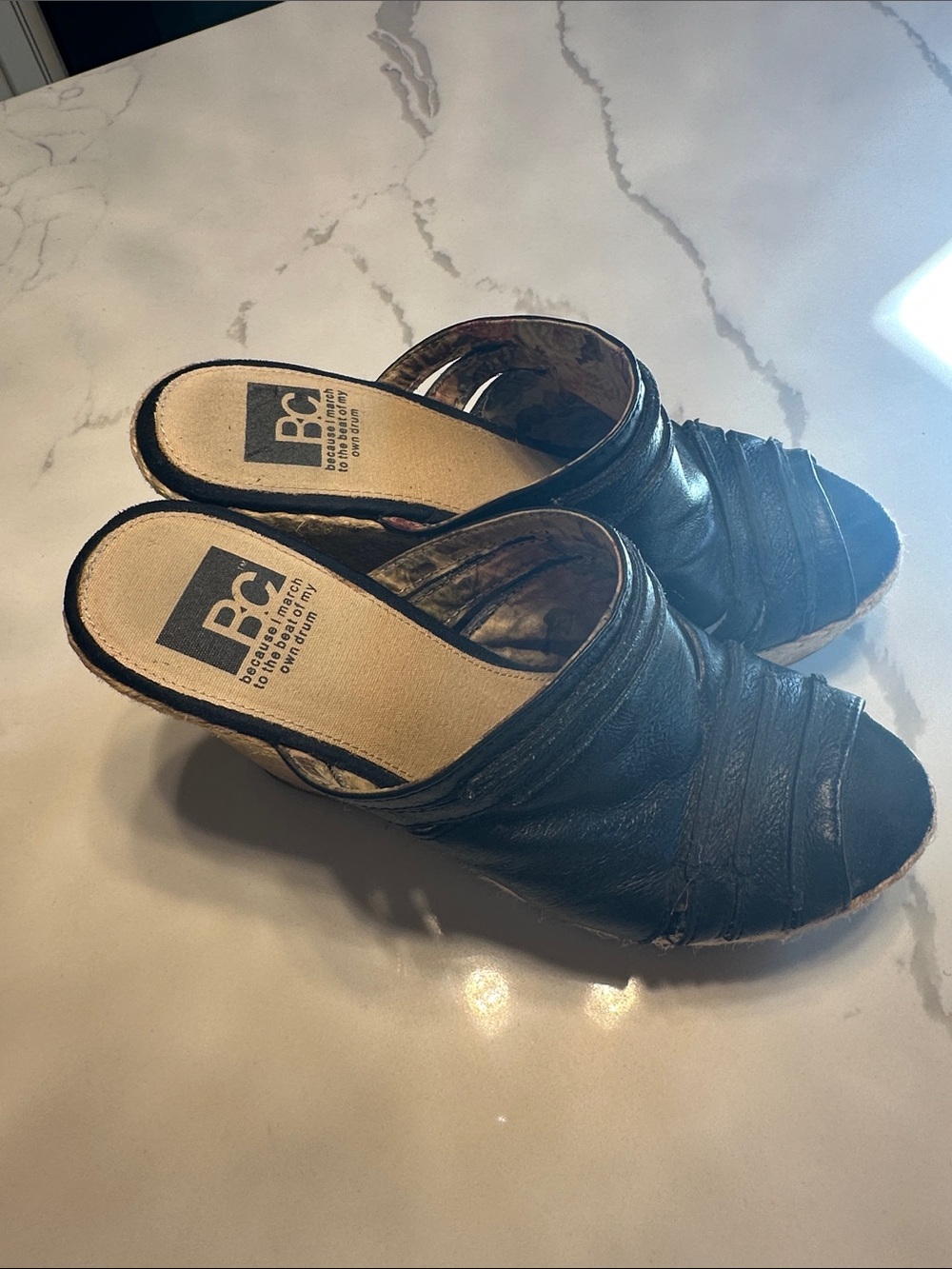 BC Footwear Black Ruched Leather Wedge Mules